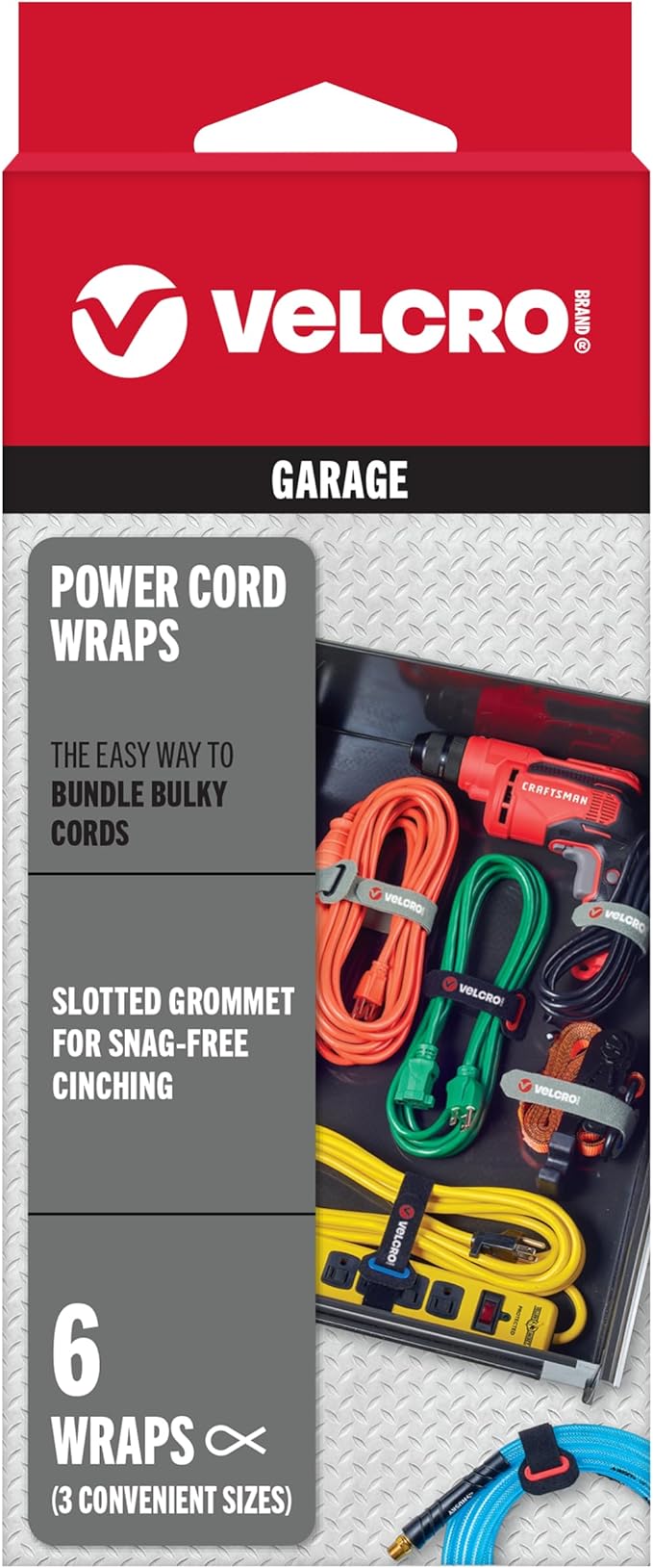 VELCRO Brand Power Cord Wraps | Heavy Duty Straps for Cords, Hoses, Garage or RV Organization | 6pc Multipack | 3 Sizes 12, 16 and 24 Inch | Black and Gray