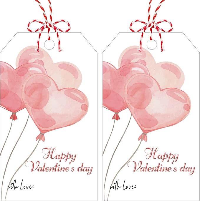 50Pcs Happy Valentines Tags for Bags - Balloon Valentine Gift Tags with String, Hanging Paper Gift Label for Wrapping Treat Bag, Idea Valentines Activity School Classroom Party Favors