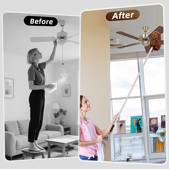 DRQ Ceiling Fan Cleaner Duster, 2 Pack Reusable Microfiber Duster with Extension Pole, 13 to 50 Inch Fan Blade Cleaner, Removable Dusters for Cleaning Walls Bookshelves Door Window Top (Brown)