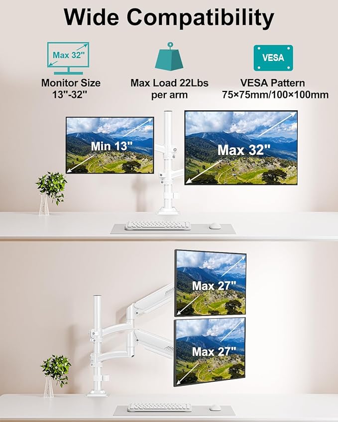 Dual Monitor Stand for Desk, Taller Monitor Arms for 2 Screens up to 32 inch, Ergonomic Adjustable Full Motion Double Computer Monitor Mount, Holds 4.4-22lbs, VESA 75/100mm, White, Freelift