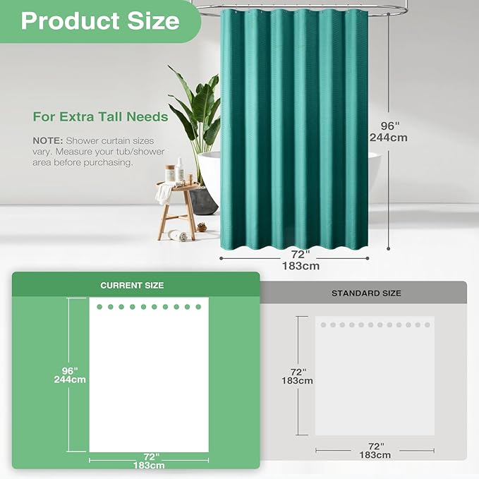 Dynamene Extra Long Shower Curtain - 96 Inch Long Waffle Weave Weighted Thick Cloth Bathroom Shower Curtain, Neutral Heavy Duty Hotel Bath Curtain Set with 12 Plastic Hooks,72x96, Seaweed Green