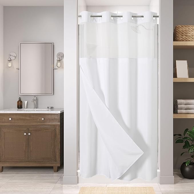 Stall No Hooks Needed Linen Textured Shower Curtain with Snap-in Fabric Liner Set,Hotel Luxury Decor Shower Curtains for Bathroom,Waterproof & Washable,60Wx74H,White