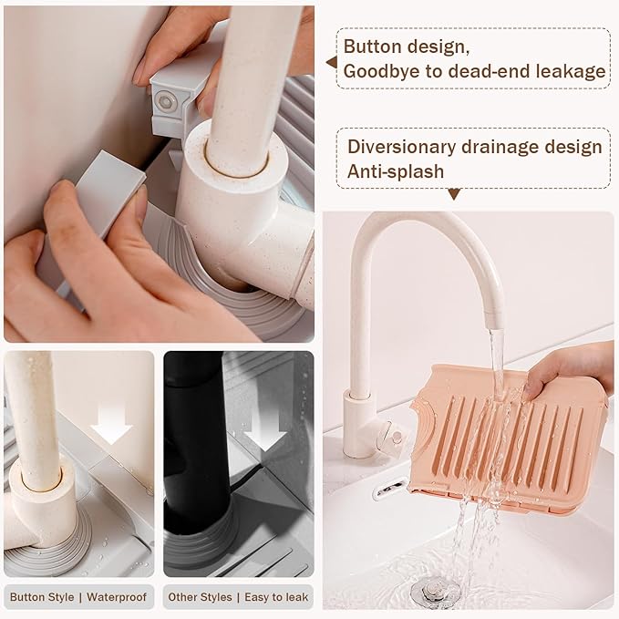 Button Style Faucet Drip Catcher – Silicone Faucet Mat for Kitchen Sink, Leak-Proof Splash Guard with 6° Slope, Behind Faucet Draining Mat, Easy Bathroom & Kitchen Gadgets (Green, 14.5" x 5.5")