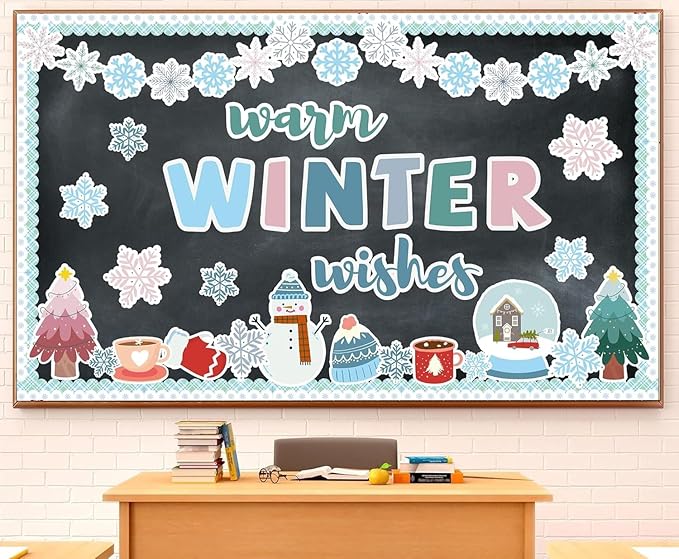 Winter Bulletin Board Decoration Warm Winter Wish Bulletin Board Set Snowflakes Snowman Cutouts Classroom Decoration for School Chalkboard Wall Door Holiday Christmas Xmas Supplies