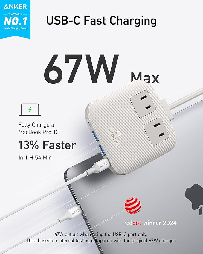 Anker Travel Power Strip, Anker Nano 67W Max 6-in-1 USB C Charger, 2 AC, 2 USB A and 2 USB C, 5ft Thin Undetachable Flat Plug Extension Cord with Multiple Outlets, Travel Essentials, Cruise Essentials