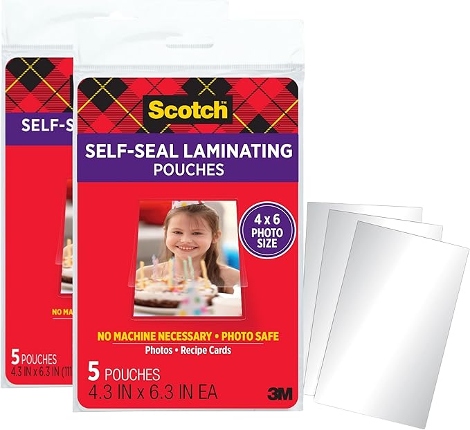 Scotch Self-Sealing Laminating Pouches, 4 x 6 Inches, 10 Pouches (2 Packs of 5) – Gloss Finish, Photo Safe, No Machine Needed (Cold Laminating Sheets)