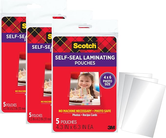 Scotch Self-Sealing Laminating Pouches, 4 x 6 Inches, 15 Pouches (3 Packs of 5) – Gloss Finish, Photo Safe, No Machine Needed (Cold Laminating Sheets)