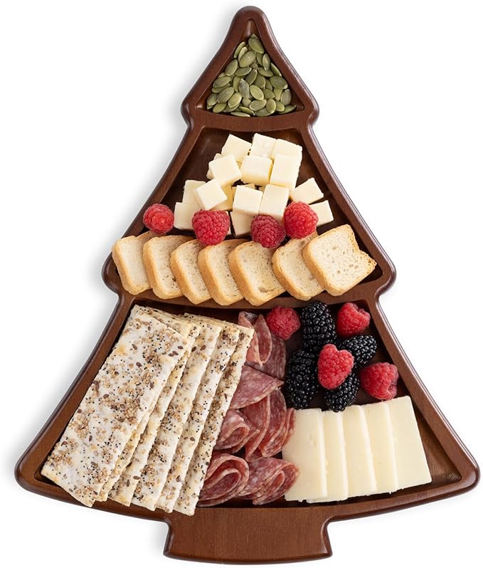 Picnic TIME Christmas Tree Serving Tray, Holiday Appetizer Tray, Wooden Charcuterie Board, (Stained Parawood)
