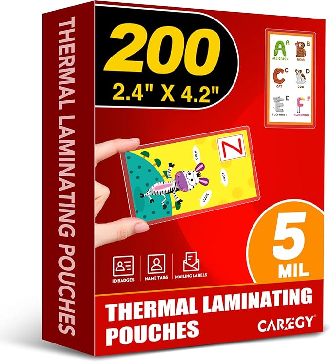CAREGY 200 Count Thermal Laminating Pouches, 5 Mil, 2.4x4.25 Inch Laminate Homemade Ornaments, Christmas Banners and Gift Tags, Fits Pass Cards Student ID Cards