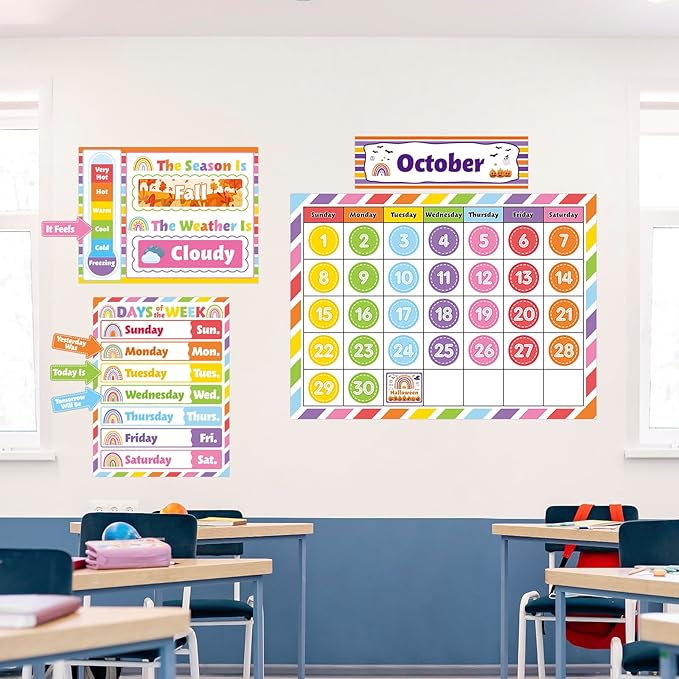 Colorful Classroom Calendar Bulletin Board Set Rainbow Stripes School Calendar Bulletin Board Set for Rainbow Classroom Decoration with Hook and Loop Dots Stickers