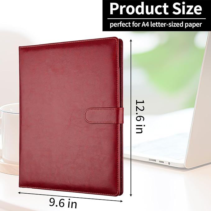 Professional Padfolio with Clipboard, Faux Leather Portfolio Folder Binder, Legal Pad Holder for A4 Letter Size Notepad, Resume, Writing, Ideal Organizer for Business Office Conference (Red)