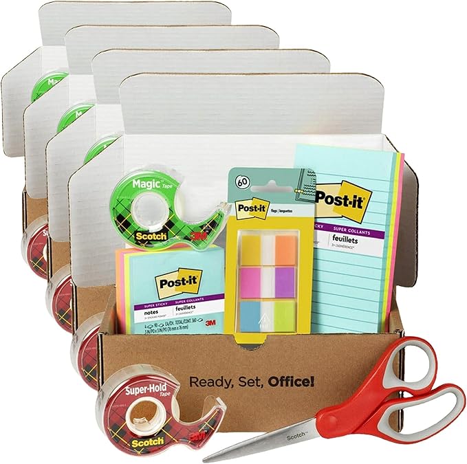 Post-it and Scotch Brand Essentials Pack, Back to School and Office Supplies, Includes Super Sticky Notes, Flags, Magic & Super Hold Tape & Multi-Purpose Scissors (Pack of 4)