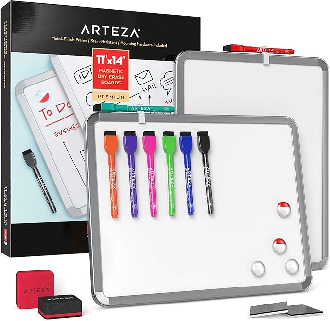 Arteza Framed Magnetic Dry Erase Board Set (2-Pack, 11x14 inches), Small Whiteboards with Marker & Magnets, Ideal for School Supplies, Office, Classroom, College Dorm Essentials