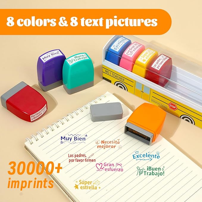 8Pcs Spanish Teacher Stamps Gifts for Classroom Rubber Self Inking Grading Stamps Set Motivation Teacher Stamp for Bilingual School Elementary Kid Homework Reward Supplies, Sellos para Maestros