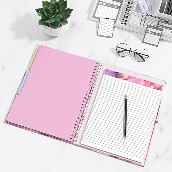 Rimilak Spiral Clipboard Folio with Refillable Lined Notepad, 14.5 x 9.8 in, Hardcover Cover with 5 Interior Pockets, Elastic Band and Pen Loop Series. Cute Stylish Clipfolio, Pink Gold Marble