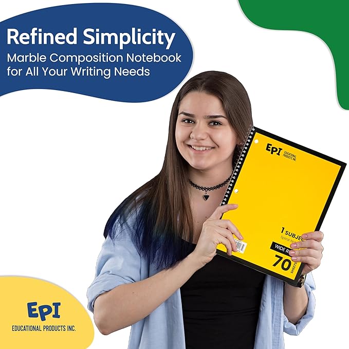 EPI Spiral Notebook | Wide - 70 Sheets, Durable Spiral Binding | 10.5 x 8 in | Classroom Supplies | School, Office, Note Taking, Journaling - 48 Pack