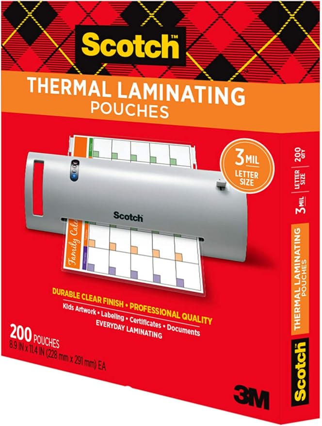 Scotch Thermal Laminating Pouches,Clear,3 mil.,Ideal Office or School Supplies,Fits Letter Sized Paper (8.9 in. × 11.4 in.),(Pack of 1200)