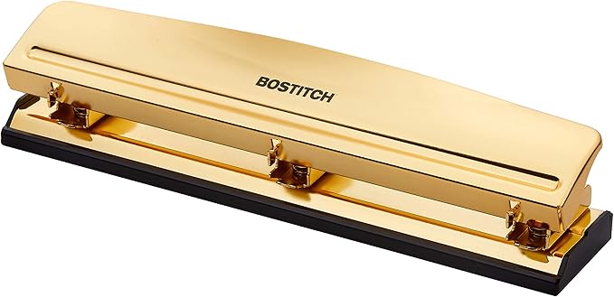 Bostitch Office 3 Hole Punch,12 Sheet Capacity,Durable Metal,Gold Chrome,Rubber Base & U Brands Pencil Cup,Wire Metal,Gold - 897U06-24,4.13" H,3.11" D