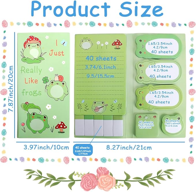 QPIXVB Frogs Sticky Notes Set,Frog Gifts for Women,440 Sheets Cute Sticky Notes,Cute Cartoon Frogs Self-Stick Note Pads,Cute Frog Gifts,Post It Note,Office Supplies,Animal Divider Tabs Bundle