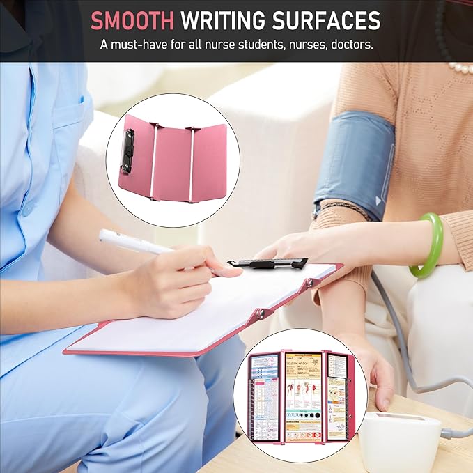 Nursing Clipboard Foldable, Foldable Clipboard w/Nursing Edition Cheat Charts,3 Layers Aluminum, Nurse Clip Board w/Low Profile Clip&Pen Clip Pocket for Students, Nurses and Doctors, Rose