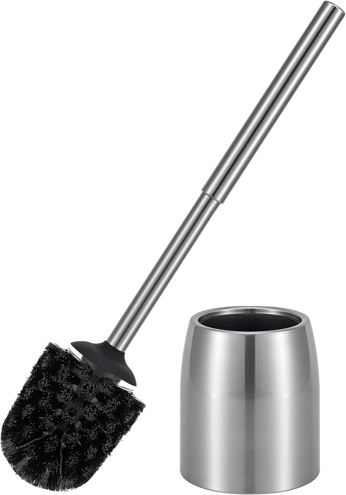 SUS304 Stainless Steel Toilet Brush and Holder Set Stain Nickle 12In Handle BristlesToilet Bowl Brush Cepillo para Baños Bathroom Brushes Cleaning Brush with Case Anti-Rust Brushed Silver