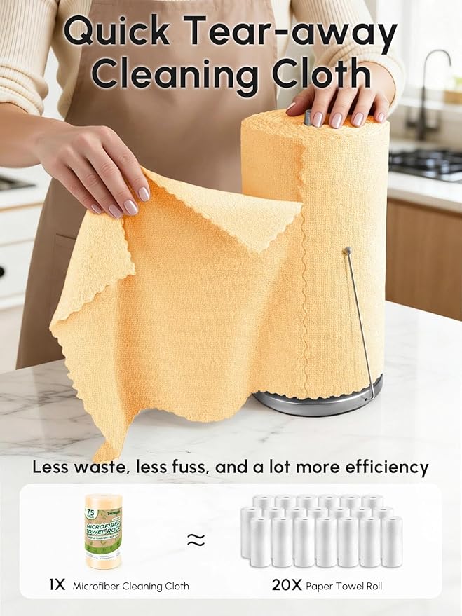 Microfiber Cleaning Cloths Roll, 75 Pack Tear Away Microfiber Towels Roll, 12" x 12" Lint Free Rags, Reusable Cleaning Cloths, Washable, Scratch Free,Ultra Absorbent Dish Rags(Orange)