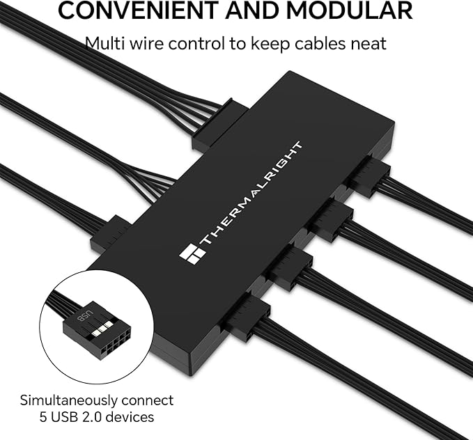 Thermalright Interal USB 2.0 Hub X5, SATA Powered, Magnetic Mount, 9-Pin USB Expansion for PC Motherboard (Black)