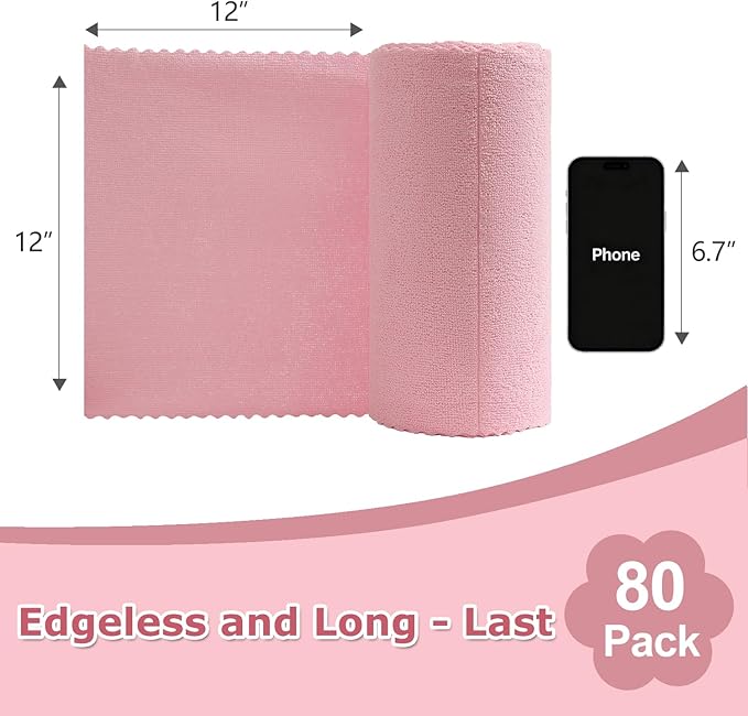 Jessy Home 80 Pack Microfiber Cleaning Cloth Roll Pink Reusable Paper Towels 12"x12" Tear Away Cloth,Microfiber Towels for Cars,Wash Cloths,Lint Free Rags for House,Kitchen,Window,Cleaning Supplies