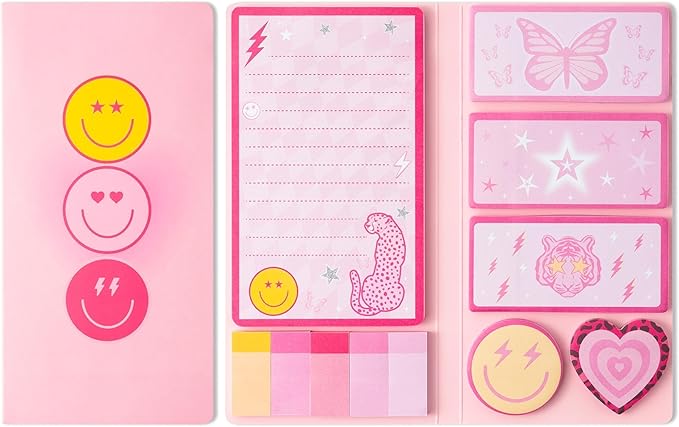 L1rabe Preppy Sticky Notes Set - Back to School 550 Sheets Y2K Smile Face Self-Stick Notes Pads Pink Divider Tabs Bundle Writing Memo Pads for Preppy Students Teacher Girls Woman Birthday Gifts