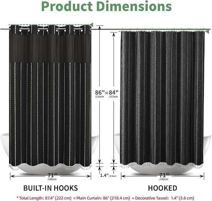 No Hook Extra Long Shower Curtain Set with Snap-in Liner,Linen Textured Thick Striped Fabric with Tassels,Boho Chic Modern Farmhouse Bathroom Curtain,Water-Repellent,Black,71x86