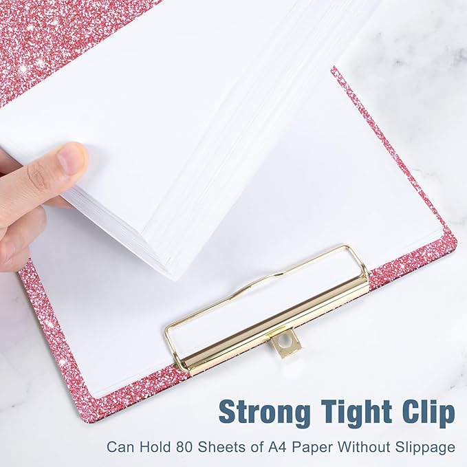 Piasoenc Acrylic Clipboards, Fashion Glitter Clip Board with Low Profile Gold Clip, Designed for Classroom School and Office Use, A4 Letter Size 9 x 12.5 in,Cute Pink