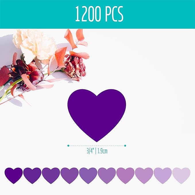 1200 PCS Purple Heart-shaped Stickers, 10 Gradient Purple Designs Self-adhesive Labels with Perforation Line in Roll, Use for Valentine's Day,Award Charts, Teachers & Classrooms, Bookmarks (3/4" Each)