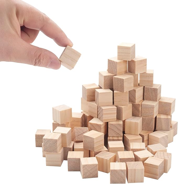 Wooden Blocks for Crafts 3/4 inch, 100PCS Small Unfinished Solid Wood Cubes Blank Natural Wood Square Blocks for Crafting, Baby Shower Decor, DIY Projects, Puzzle Making, Alphabets, Stamps