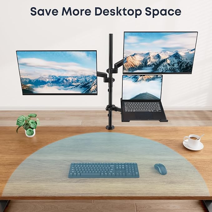 Dual Monitor and Laptop Mount Stand with Extra Long Pole, Holds 2 Monitors up to 32 Inch 19.8 lbs Each and 10-17 Inch Laptop, Full Motion Adjustable Desk Mount with C Clamp