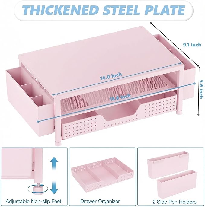 OPNICE Desk Organizers and Accessories, 2-Tier Computer Monitor Stand Riser with Drawer and 2 Pen Holders, Laptop Stand, Office Desk Accessories for Office Supplies, Pink