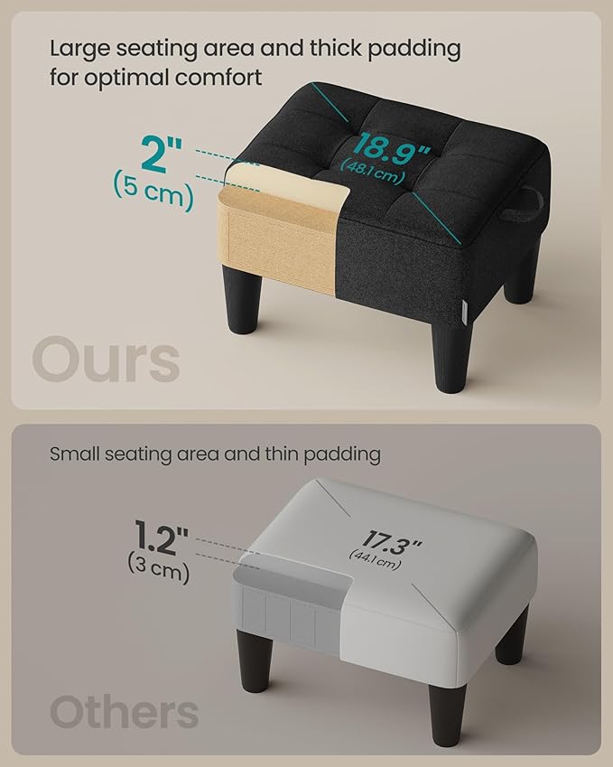 SONGMICS Foot Stool with Legs, Small Footstool Ottoman, Linen-Look Fabric Seat with Thick Cushion, for Living Room, Bedroom, Entryway, 330 lb Weight Capacity, Ink Black ULOM502B01