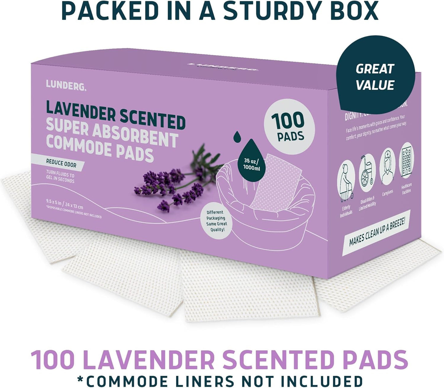 Lunderg Lavender Scented Super Absorbent Commode Pads - Medical Grade Value Pack 100 Count - for Disposable Bedside Commode Liners, Adult Chairs, Portable Buckets & Camping Toilet Bags - Light Scent