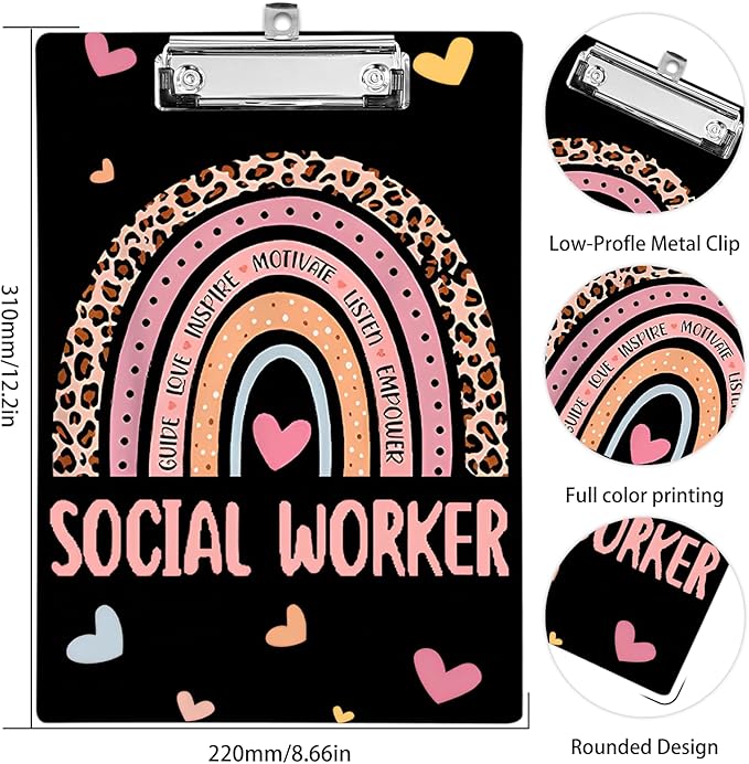 Plastic A4 Clipboards, Cute Fashion Clipboard Decorative, 12.2" x 8.7" Standard A4 Size Clipboards, Plastic Acrylic Clipboard for Teacher, Social Worker, Students,Women, Office Supplies(Social Worker)
