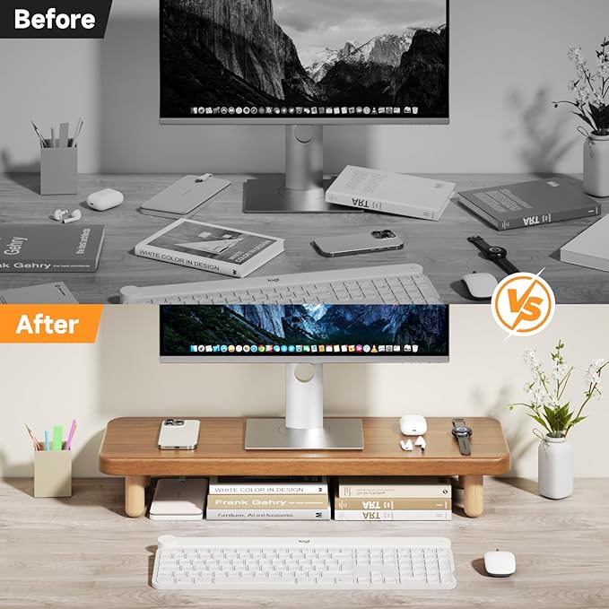 Monitor Stand Riser, 24 Inch Wood Desk Organizer with Monitor Stand & Storage Computer Monitor and Laptop Riser Multifunctional Laptop Stand Desk Organizer for Office Home Screen/Laptop/PC (Walnut)