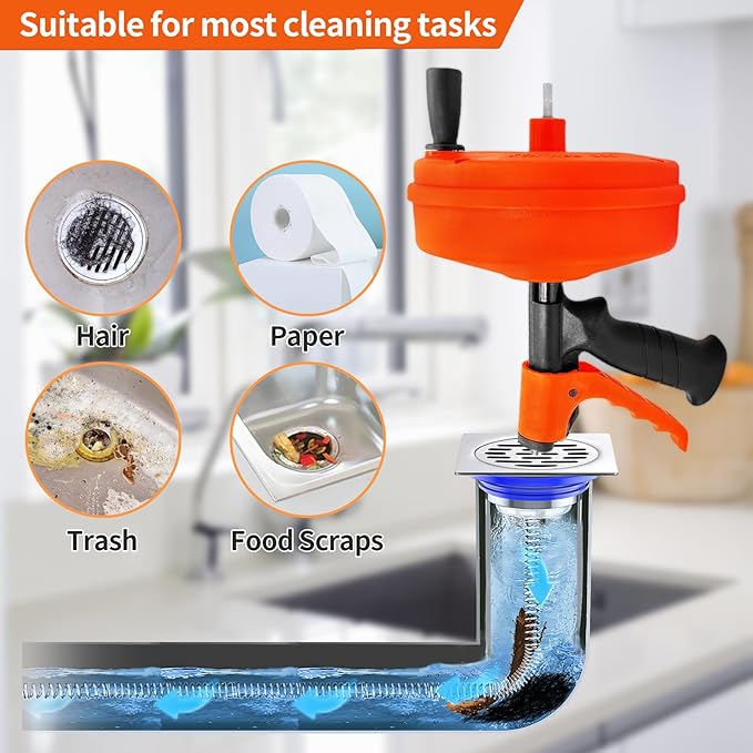 Drain Snake 50 FT, Auger Drain Snake Hair Drain Clog Remover, Plumbing Snake with Drill Attachment and Automatic Retractable Function, Manual or Powered Use for Kitchen, Sink, w/Gloves and Storage Bag