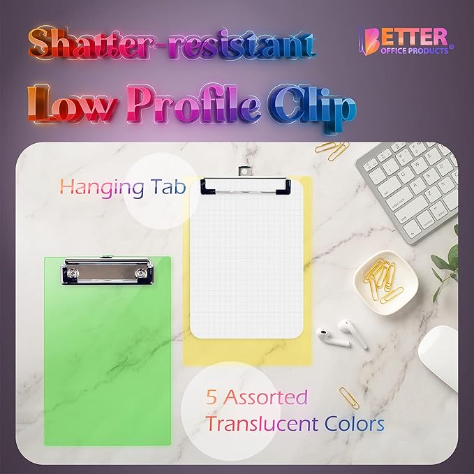 Better Office Products Mini Clipboards (6 Pack), Plastic, Low Profile Clips, Assorted Translucent Colors, Durable, A6 Memo Size, 5.3" x 8",