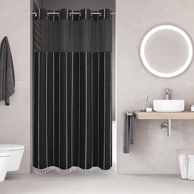 No Hook Stall Shower Curtain with Snap-in Fabric Liner - 54x80 Heavy-Duty Linen Textured Striped Design,Narrow Rustic Modern Farmhouse Bohemian Bathroom Curtain,Water-Repellent,Black