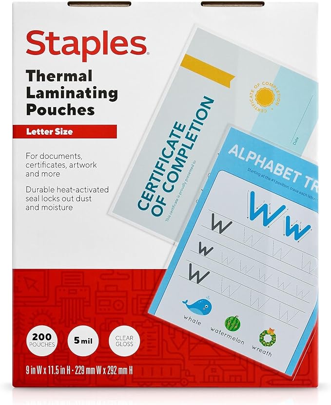 Staples Thermal Laminating Pouches, Letter Size, 9 x 11.5 Inches, 5 Mil, 200/Pack, for Heavy-Duty Document Protection