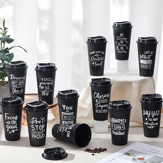 12 Pcs Inspirational Gifts for Employee Coworkers Staff Teammate, 16oz Reusable Plastic Coffee Cups with Positive Sayings, Bundle Gifts for Woman Man Coworker (Black,Inspirational)