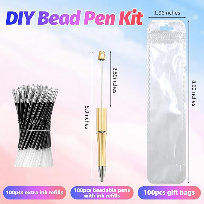 300 Pieces DIY Beadable Pen Kit – 100 Plastic Ballpoint Pens with Refills & Bags – School Supplies, Office Accessories & Decorative Items for Students & Teachers (Gold)