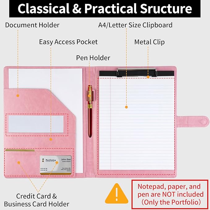 Professional Padfolio with Clipboard, Faux Leather Portfolio Folder Binder, Legal Pad Holder for A4 Letter Size Notepad, Resume, Writing, Ideal Organizer for Business Office Conference (Pink)