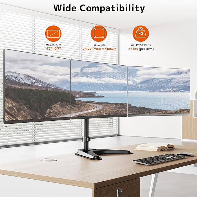 Triple Monitor Stand, Heavy Fully Adjustable Motion Mount Fits 3 Screens up to 27 inche, Free Standing Desk Stand with Base and Cable Management, 22 lbs Weight Capacity per Arm, Black