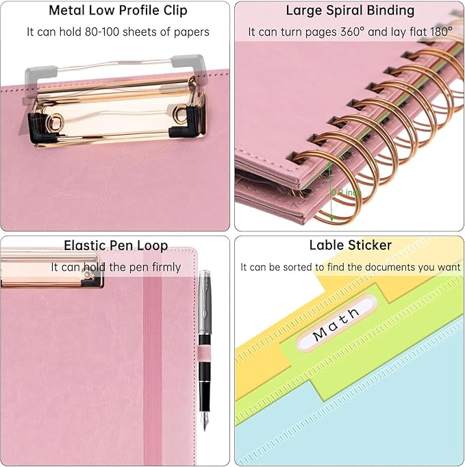 HAUTOCO Spiral Leather Clipboard Folio with Notepad (8.5 x 11''), 5 Folders with 10 Pockets, Storage Zipper Pouch, Pen Loop, 39 Stickers, Padfolio Organizer for Work School, Pink