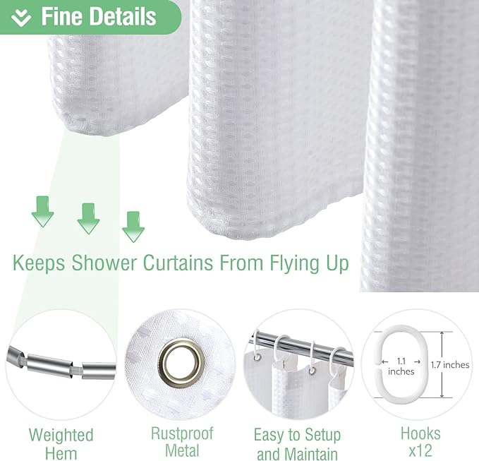 Dynamene Extra Long Fabric Shower Curtain - Waffle Weave 84 Inches Long Heavy Duty Cloth Shower Curtains for Bathroom, 256GSM Tall Hotel Luxury Bath Curtain Set with 12 Plastic Hooks(72Wx84H, White