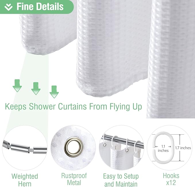 Dynamene White Fabric Shower Curtain， Waffle Weave Heavy Duty Hotel Luxury Cloth Shower Curtains for Bathroom, 72 Inch 256GSM Weighted Bath Curtain Set with 12 Plastic Hooks,72x72